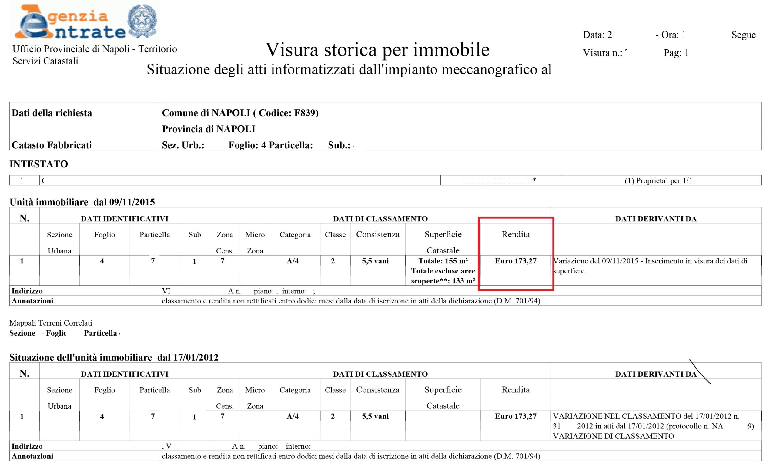 esempio di Visura Catastale Storica
